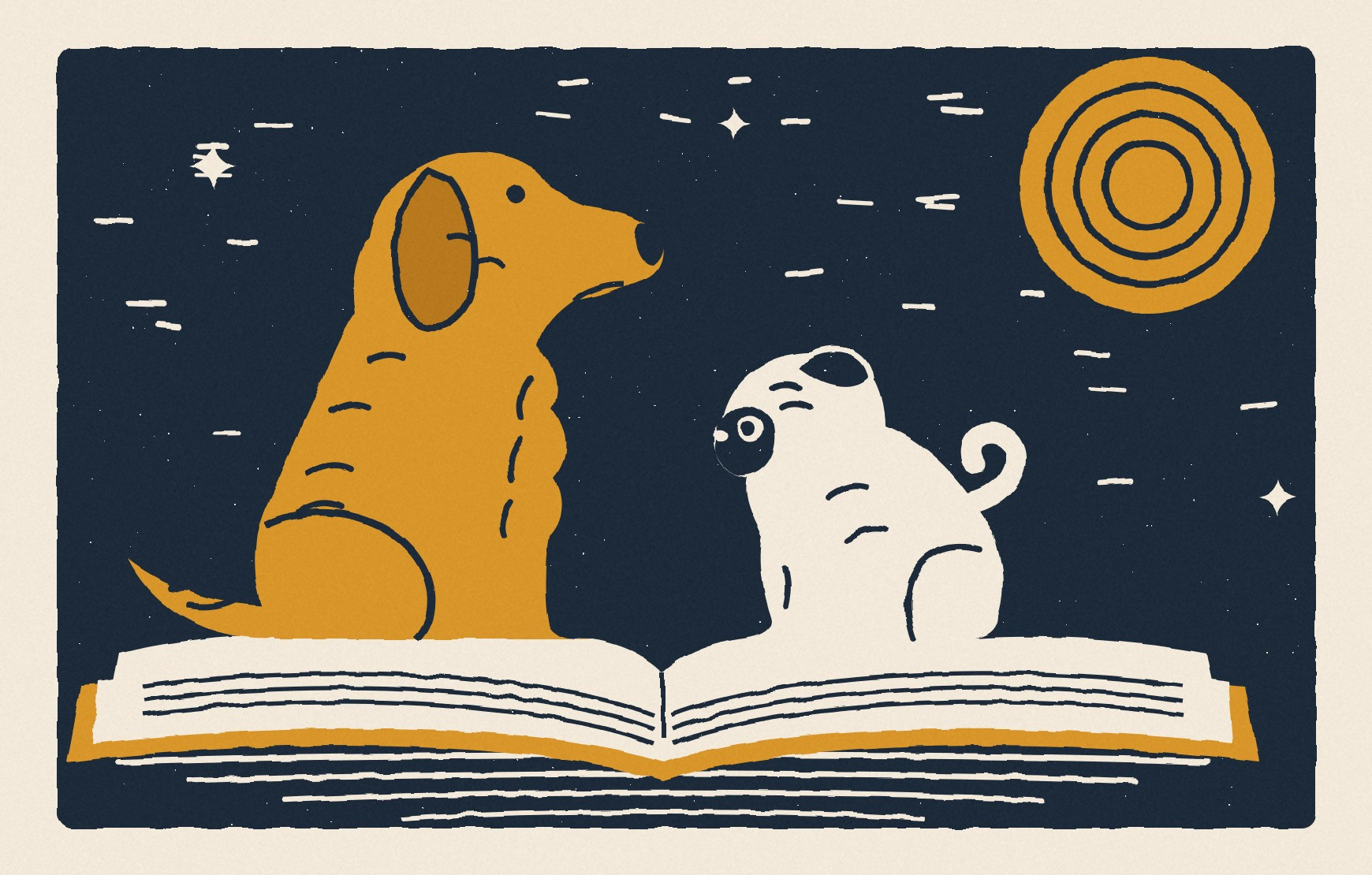 Linocut-style print of a golden retriever and a pug sitting on an open book under a moon